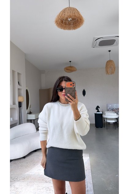 Ecru Soft Sweater with Stones on the Collar