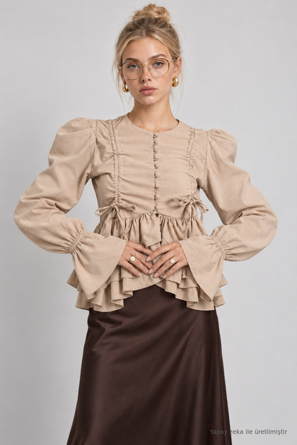 Ruffled Woven Shirt with Gathered Detail Lby0095 Stone