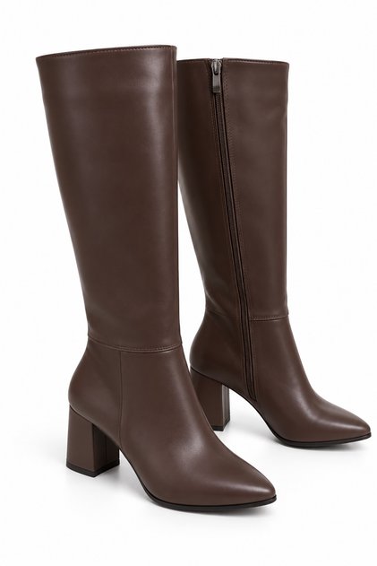 Brown Faux Leather Pointed Toe High Heeled Long Boots with Side Zipper Detail