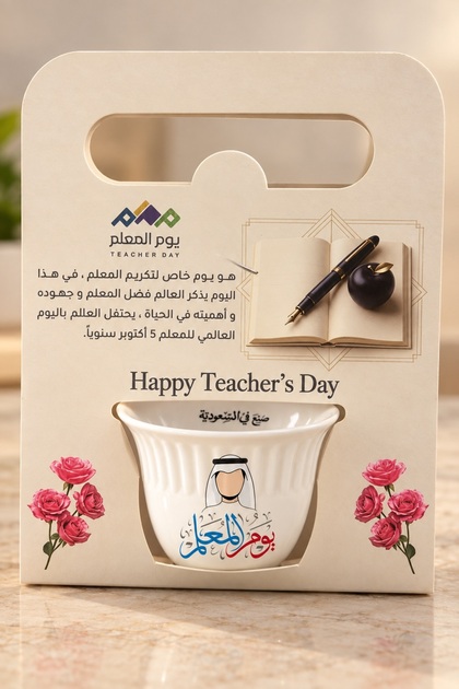 طقم هدايا عيد المعلم - 6 أكواب قهوة و6 بطاقات مزدوجة الوجه - للمعلم السعودي