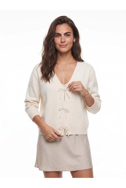 Cream Knitwear Fabric V-Neck Long Sleeve Knitted Cardigan with Pearl Bow Accessory and Ribbed Detail