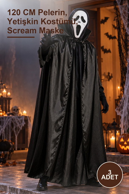 3 Pieces Black-Collar Adult Cloak and Scream Mask Costume Set – 120 cm Cloak, Adult Costume, Scream Mask