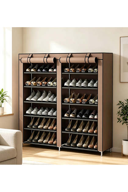 Double-Row Multi-Level Shelves Non-Woven Shoe RackStorage Rack, Waterproof And Dustproof, Brown