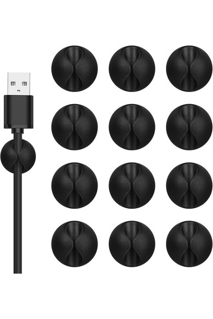 12-Piece Adhesive Cable Manager Set,Black Wire Organizer Clips for Desk and Nightstand,Universal Cord Holder for Charger,Mouse and Electronics