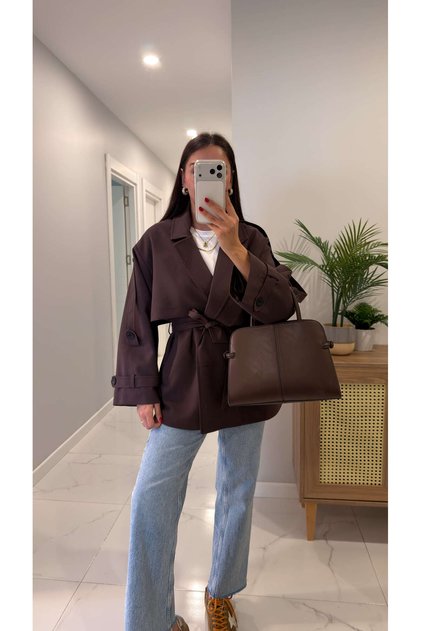 Nadisa Brown Belted Short Premium Trench Coat