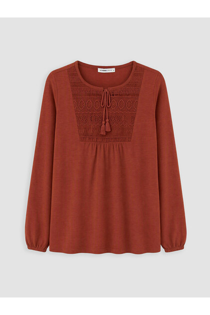 Orange Tie-Neck Embroidered Blouse