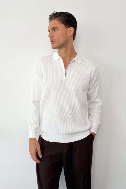 Men's Polo Collar Zipper Detailed Ribbed Knit Sweater White - 27007