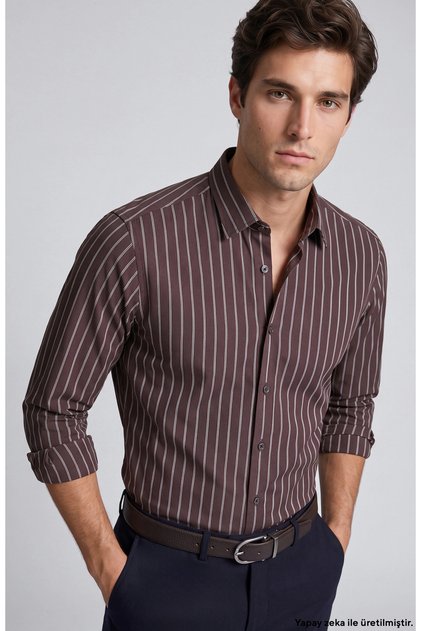 Slim Fit Acı Kahve Çizgili Gömlek