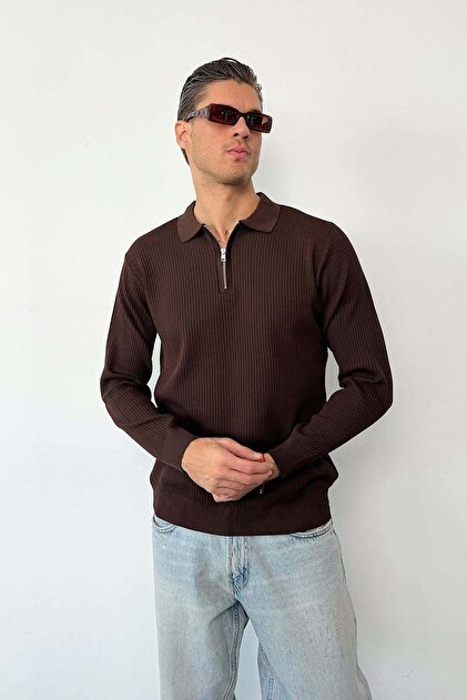 Men's Polo Collar Zipper Detailed Ribbed Knit Sweater Brown - 27007