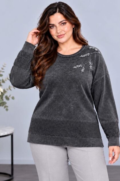 Women's Crew Neck Branch Leaf Embroidered Stone Detailed Textured Knitwear Sweater C27061-Anthracite