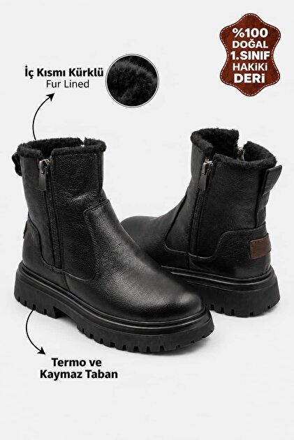 Çocuk Hakiki Deri Bot İçi Kürklü Fermuarlı Kışlık Bot Kaymaz Taban
