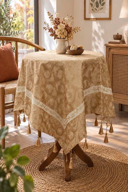 Embroidered Beige Tablecloth