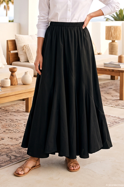 Skirt with Flounce Detail at the Hem, Lined Cotton Skirt 420195 Black
