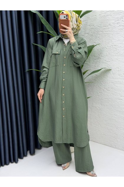 Women's Hijab Strawberry Fabric Khaki Double Tunic Pants Set