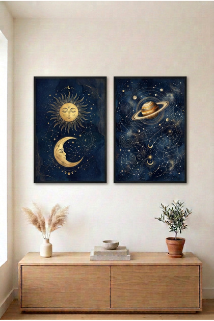 2-Piece Sun, Moon and Planet Black Wooden Framed Mdf Living Room Painting Set Huhu3314 - Double Painting Set Black Frame