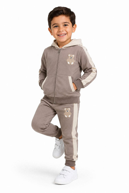 Teddy Bear Embroidered Hooded Three Yarn Boys' Double Set - 26K 6455