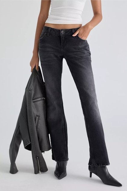 Kadın Siyah Low-rise Düşük Bel Slim-Straight İspanyol Paça Jean Pantolon