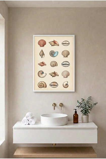 Sea Shells Collection White Wooden Framed Mdf Painting - Sea and Coastal Bathroom Decor Huhu3255 - Single Painting White Frame