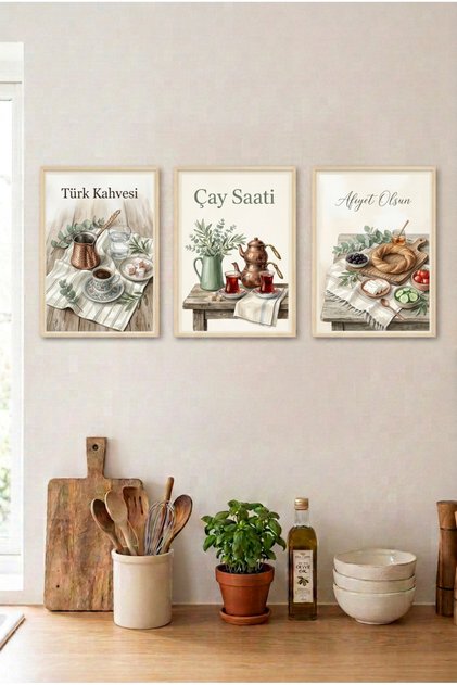 3-Piece Turkish Breakfast and Coffee Wooden Framed Mdf Painting Set - Kitchen Wall Decor Huhu3246 - Triple Painting Set Natural Wood Frame
