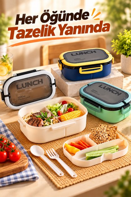Tek Katlı 6 Bölmeli Beslenme Kutusu – Kaşık Çatal Bıçak Setli, Mandallı Kapaklı Plastik Yemek Saklama Kabı