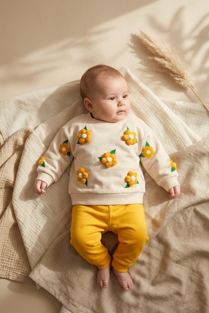 Daisy Bloom Floral Patterned Cream Sweatshirt and Mustard Sweatpants Cotton Two-Piece Baby Set