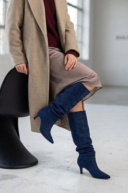 Rumba Navy Blue Suede Bellows (7 cm Heel) Pull-On Casual Women's Boots