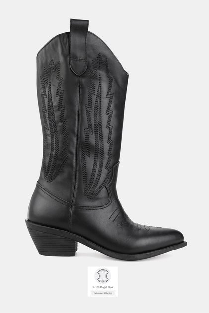 Women's Black Genuine Natural Leather Short Heel Western Boots & Booties