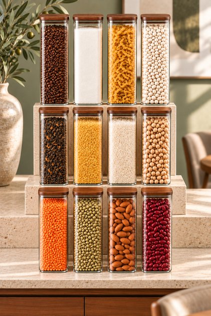 Acacia 12-Piece 1150 ml Square Borosilicate Glass Storage Jar – with Vacuum Acacia Lid – 8 × 23 cm - 8461-2