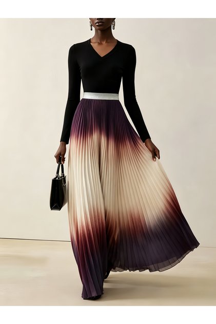 Multi-Color Block Maxi Pleated A-Line Dress with Long Sleeves