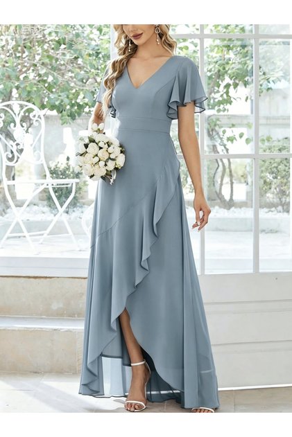 Blue A-Line Maxi Dress with Short Sleeves