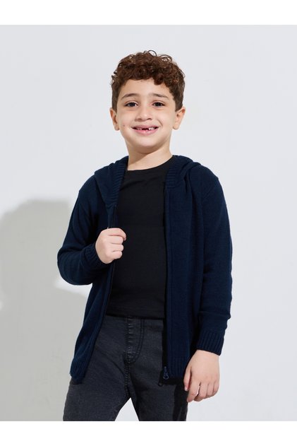 Boys Navy Hooded Zip-Up Knit Sweater