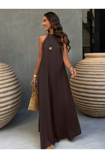 Plain Brown Maxi A-Line Sleeveless Dress