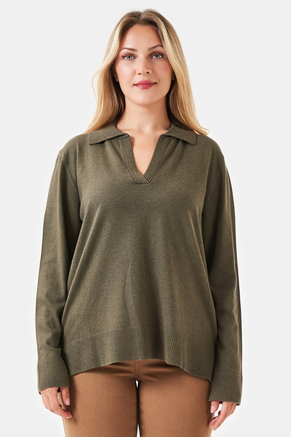 10829Ts Khaki Soft Knitted Polo Collar Tricot