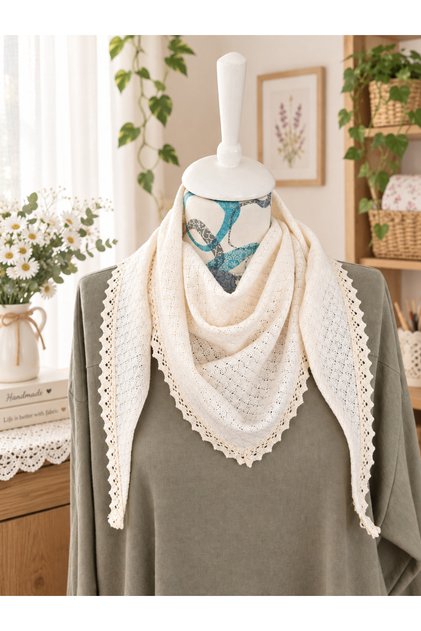 Cotton Knitted Neck Scarf |   Triangle Scarf Shawl |   Lace Edged Neck Accessory