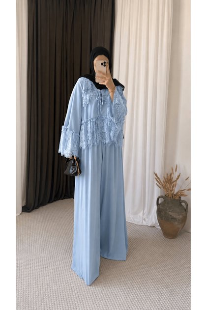 Guipure Detailed Skirt and Trousers Set - 5784 - Light Blue
