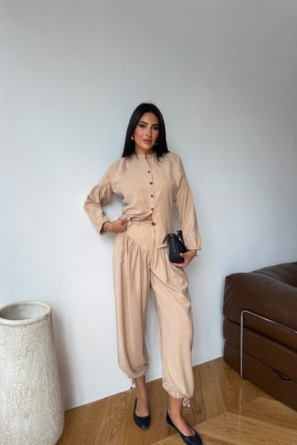 Korse Detaylı Şalvar Pantolon Krem