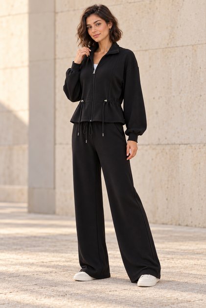Women's Wide-Leg Drawstring Waist Detailed Tracksuit Set with Pocketed Laces - Wide Leg Tracksuit Set