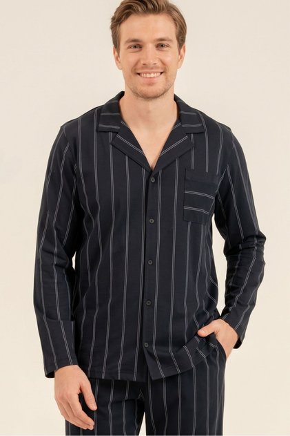 Men's Navy Blue Striped Shirt Pajama Top