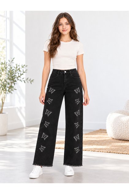 33009-26 Girls' Teen Butterfly Stone Embroidered Wide Leg Jeans Trousers with Tassel Hem 13–17 Years