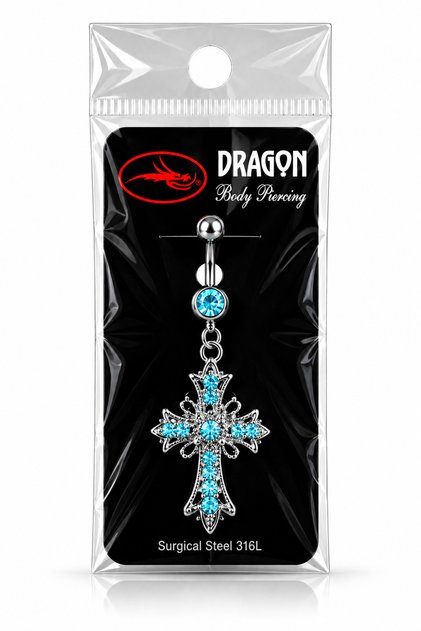Çelik Göbek Piercing Sallantılı Turkuaz Taşlı Haç Figürlü Kristal Model 316L