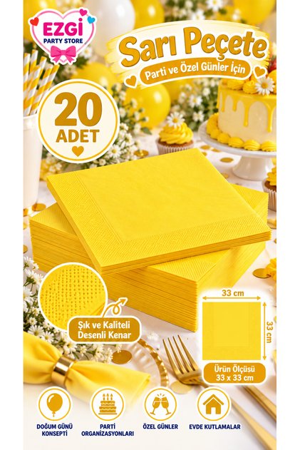 20 Adet Sarı Peçete 33x33 cm Doğum Günü Konsepti Parti Sofra Masa Süsleme Kutlama Peçetesi