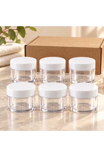 20 ml Şeffaf Akrilik Krem Kavanozu Beyaz Kapaklı Kozmetik Kavanoz 6'lı