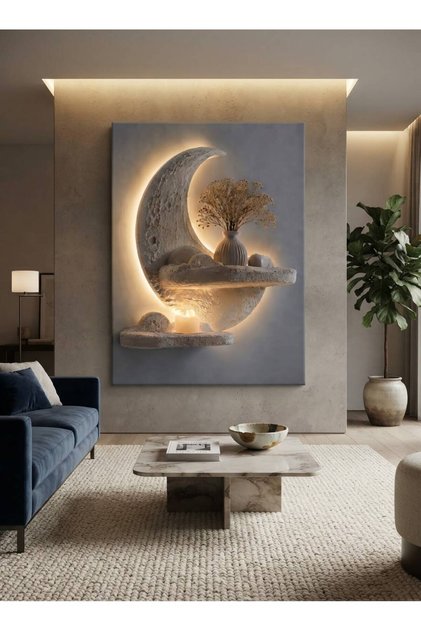 Premium Özel Tasarım Modern 3D Efektli Işıklı Hilal ve Bulut Raflı Mum Detaylı Kabartma Görünümlü Dekoratif Duvar Paneli - Lüks Tasarım Salon Duvar Tablosu