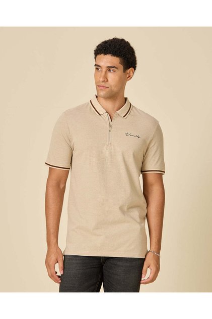 Men Beige Jacquard Zip Polo Shirt