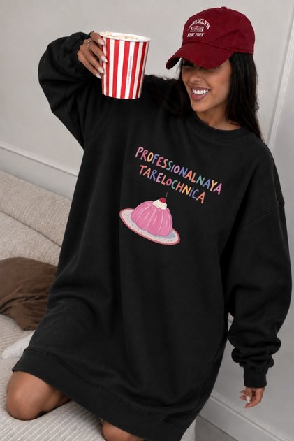 Women's Oversize Sweatshirt Dress Sweet Mood Printed Black – Crew Neck, 3 Thread Raster Fleece