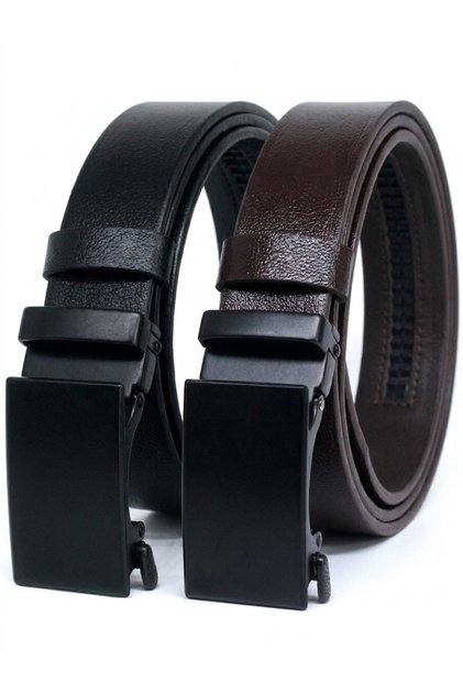 2-Pack Genuine Leather Automatic Buckle Men's Belt with No-Hole Rail