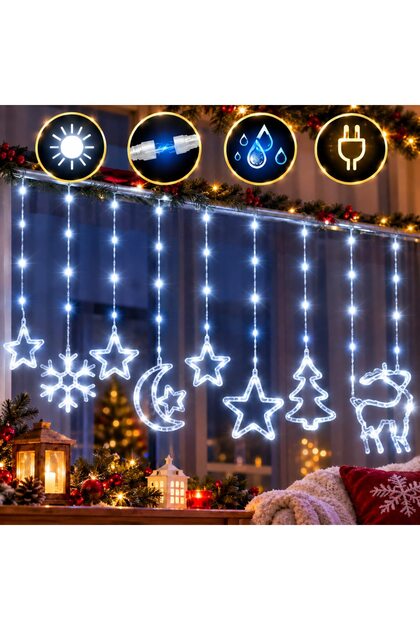™️ Lumini LED tip perdea de Crăciun, Dimensiuni 3x0.8m, 8 moduri de iluminare, Interconectabile, 5 figuri festive, Decor de iarnă, Cablu transparent, Protecție IP44 pentru interior și exterior, Fereastră, Perete, Terasă