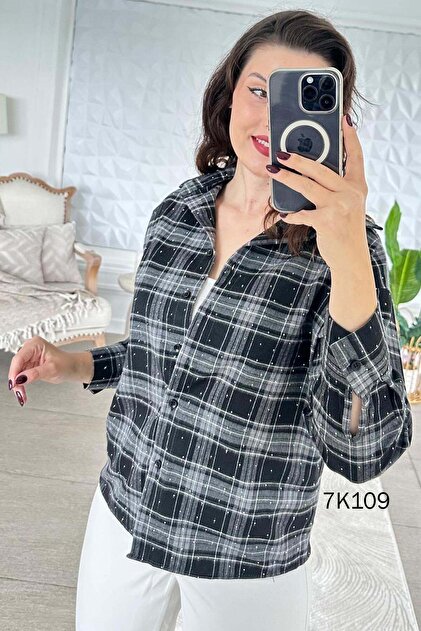 Stone Detailed Plaid Lumberjack Shirt 7K109