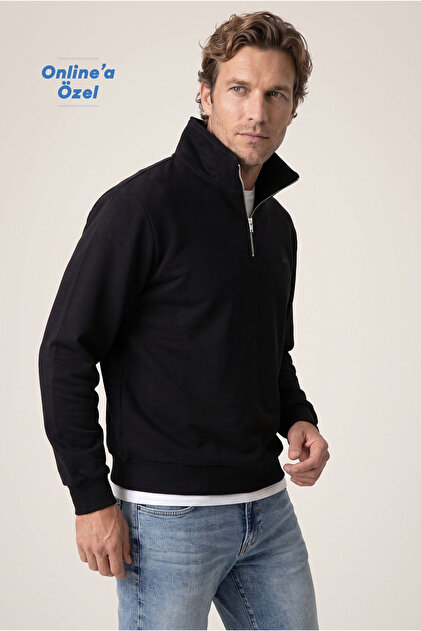 Fermuarlı Yarım Balıkçı Yaka Regular Fit Pamuklu Şardonlu Sıcak Tutan Basic Sweatshirt