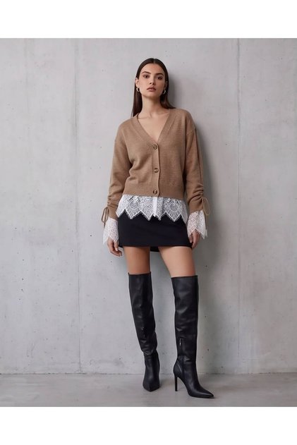 Women's Stylish Lace and Ruffle Detailed Knitwear Cardigan